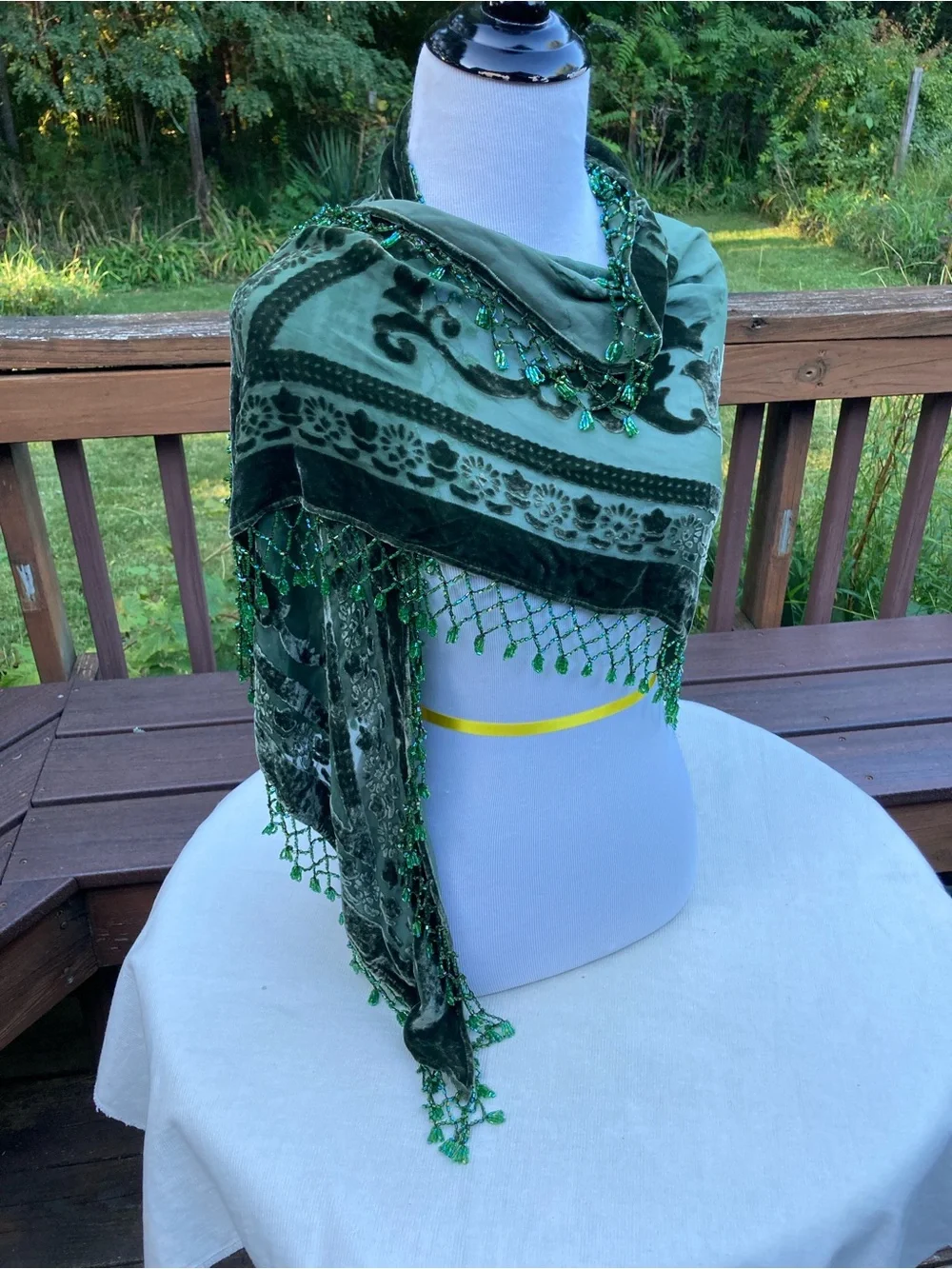 Vintage Rose Silk Velvet Burnout Triangle Shawl Green Floral Beaded Fringe